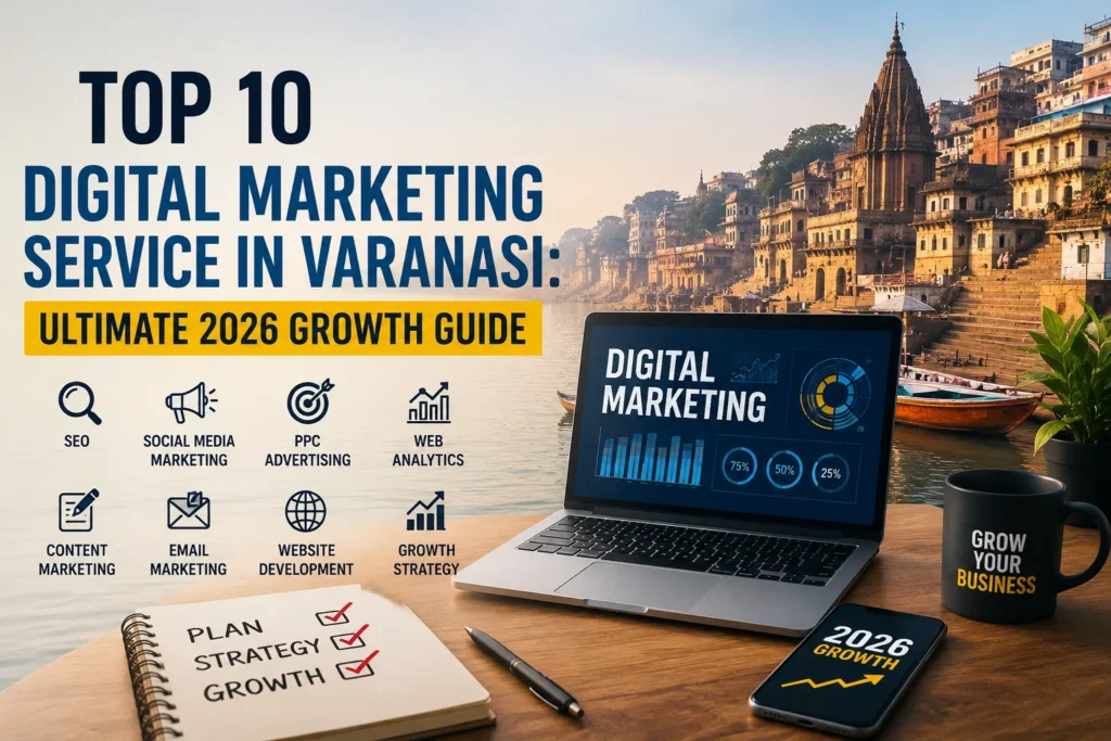Feature image showing digital marketing services in Varanasi with a laptop displaying analytics, business growth icons, and the Varanasi ghats in the background.