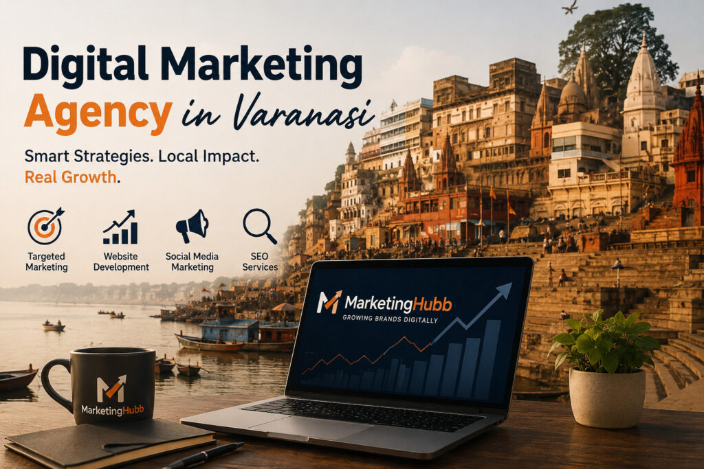 Professional Digital Marketing Agency in Varanasi showcasing SEO services, website development, social media marketing, and online business growth with the iconic Varanasi ghats in the background.