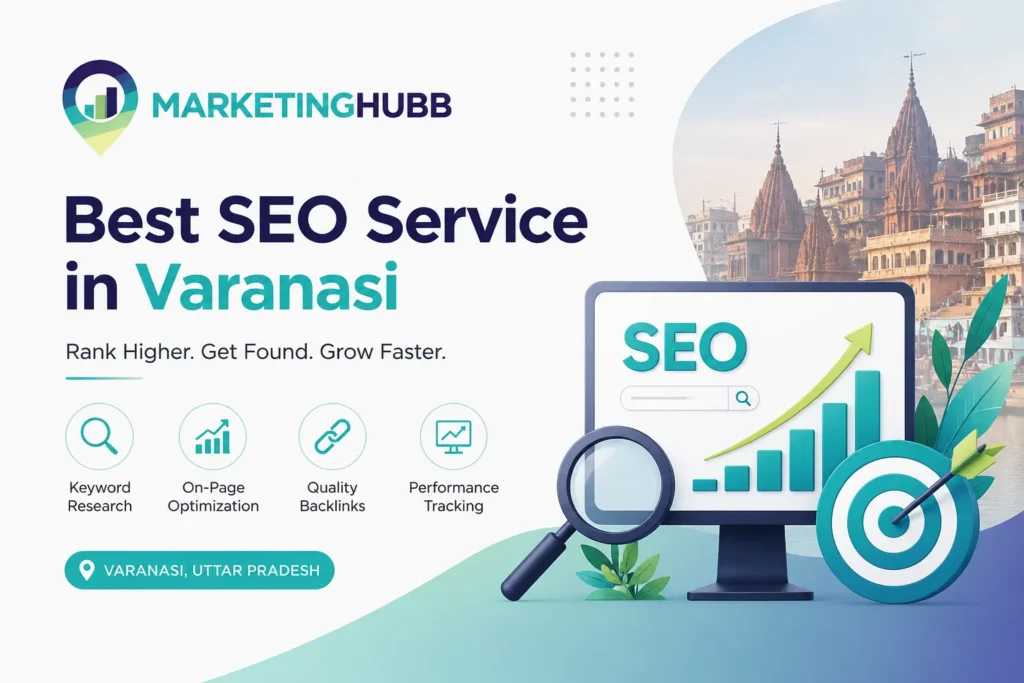 Best SEO Service in Varanasi by MarketingHubb featuring SEO analytics, keyword research, on-page optimization, backlinks, and website ranking improvement.