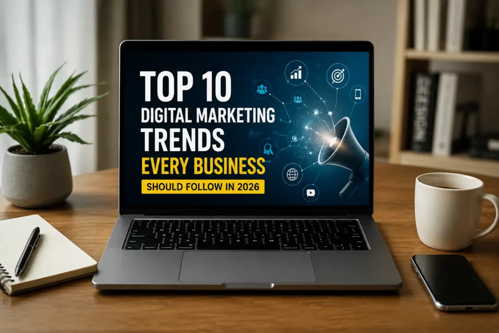 Professional feature image showing the top 10 digital marketing trends for 2026, including AI marketing, SEO, social media, content marketing, and business growth strategies.