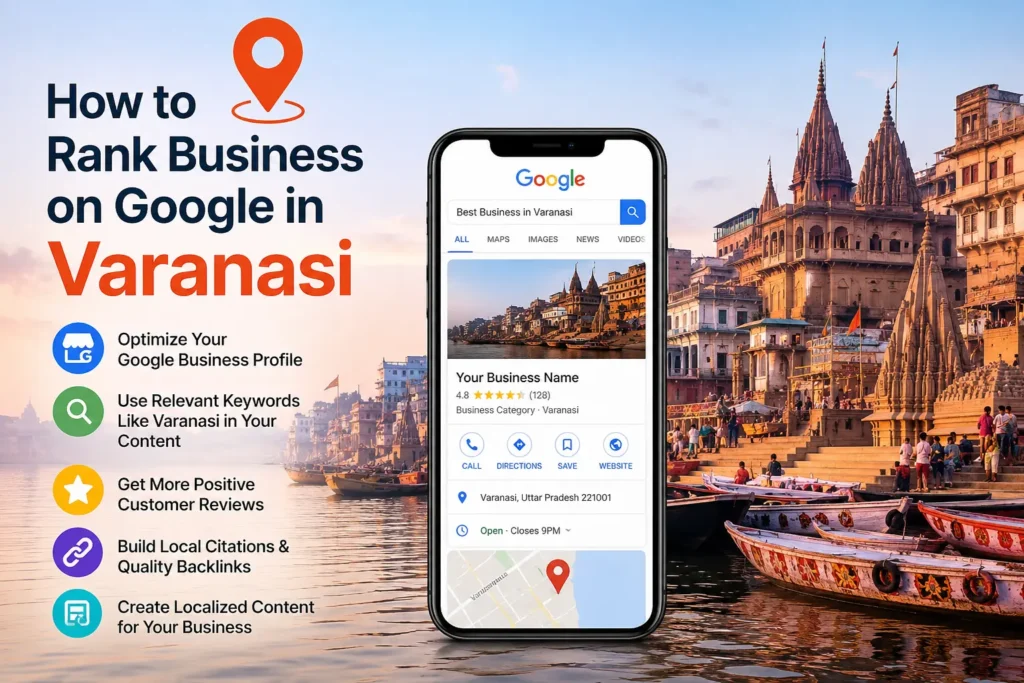 Professional featured image showing Varanasi Ghats with a smartphone displaying a Google Business Profile and the text "How to Rank Business on Google in Varanasi."