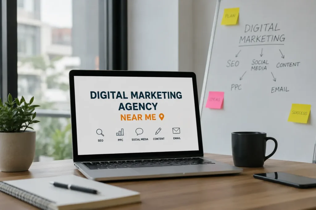 Modern office workspace representing a professional digital marketing agency near me offering SEO, Google Ads, social media marketing, PPC, and content marketing services.