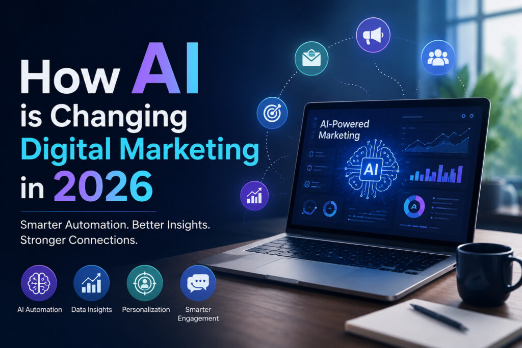Modern illustration showing how AI is transforming digital marketing in 2026 through automation, SEO, content marketing, analytics, personalization, and AI-powered business growth.