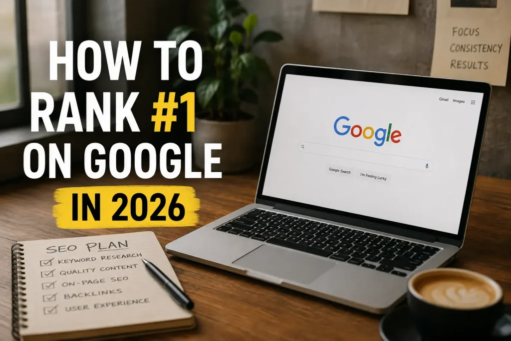 A realistic workspace with a laptop displaying Google search, an SEO planning notebook, and coffee, representing strategies to rank #1 on Google in 2026.