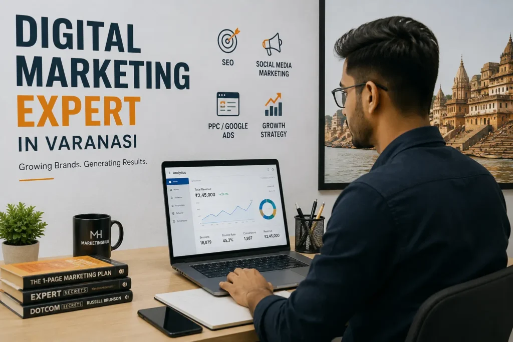 Digital Marketing Expert in Varanasi working on SEO, Google Ads, website development, analytics dashboard, and social media marketing for business growth.