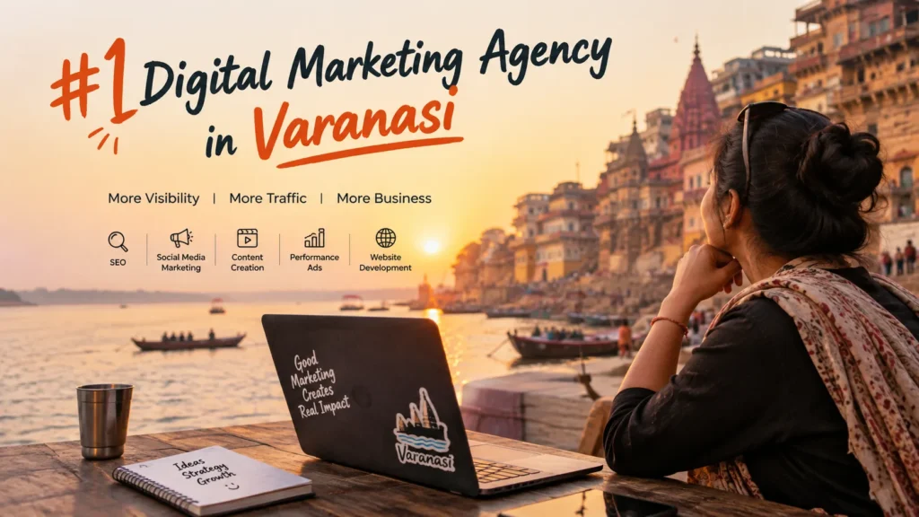 A professional feature image for the #1 Digital Marketing Agency in Varanasi, showing a marketer working on a laptop at the Varanasi ghats with branding for SEO, social media marketing, performance ads, content creation, and website development.