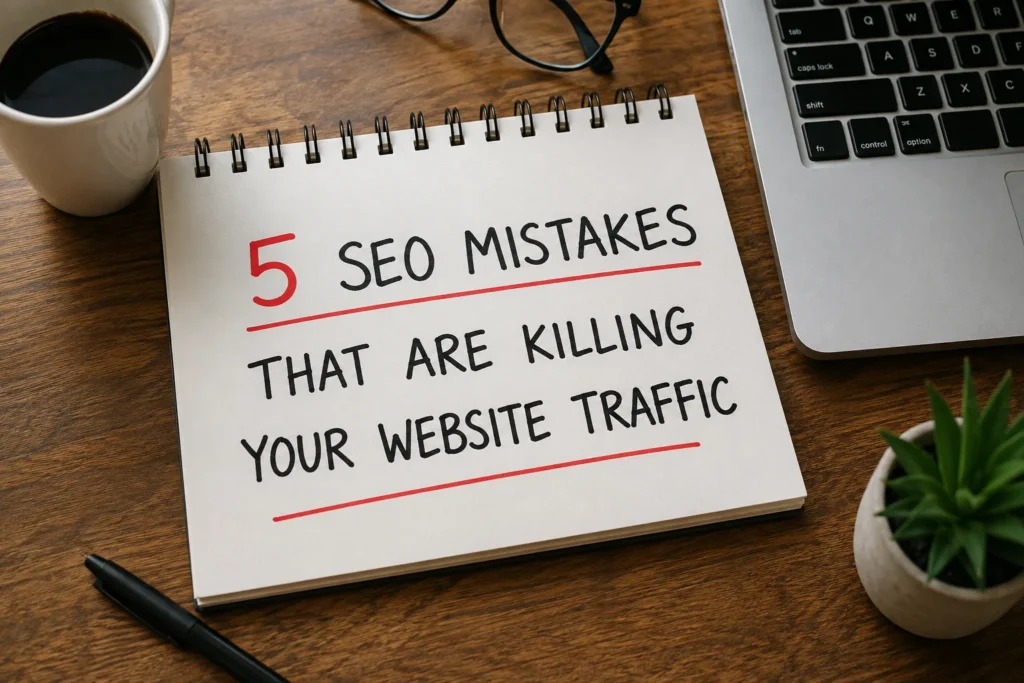 Notebook with the text “5 SEO Mistakes That Are Killing Your Website Traffic” on a wooden desk next to a laptop and coffee mug, representing common SEO errors that impact organic traffic.